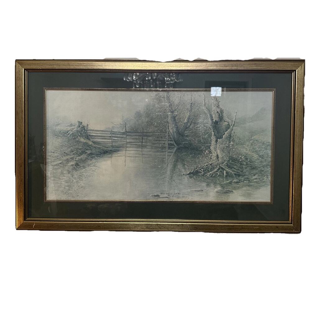 Reflecting Sycamores Ben Hampton 1977 Matted Framed Picture Fence Trees Brass